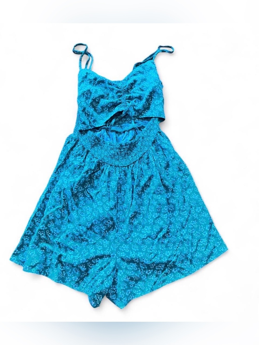 Hollister Women’s Turquoise Floral Romper with Smocked Waist
